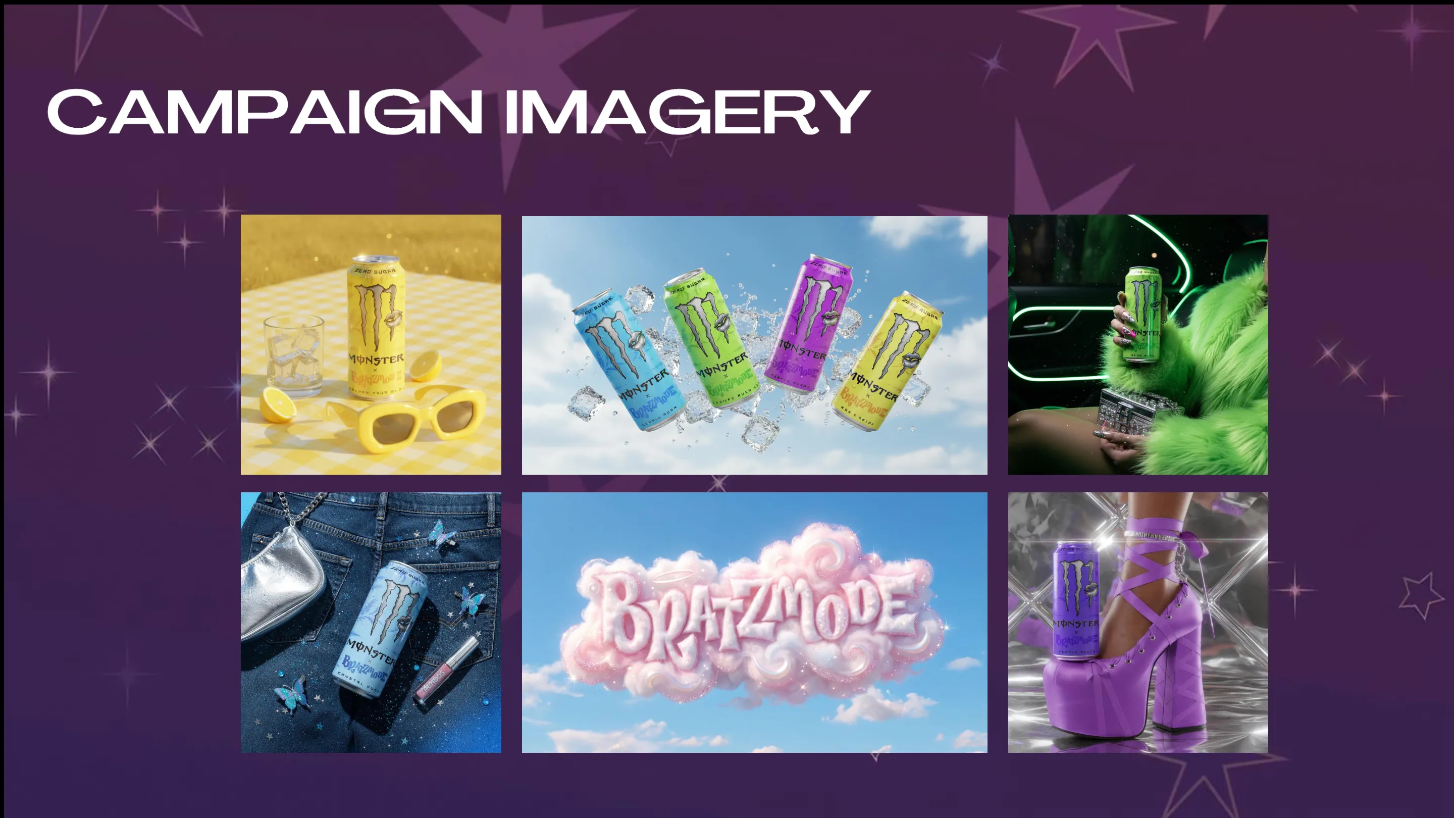 Grid of generated Bratzmode campaign stills: flavor-matched cans, store concepts, and product scenes