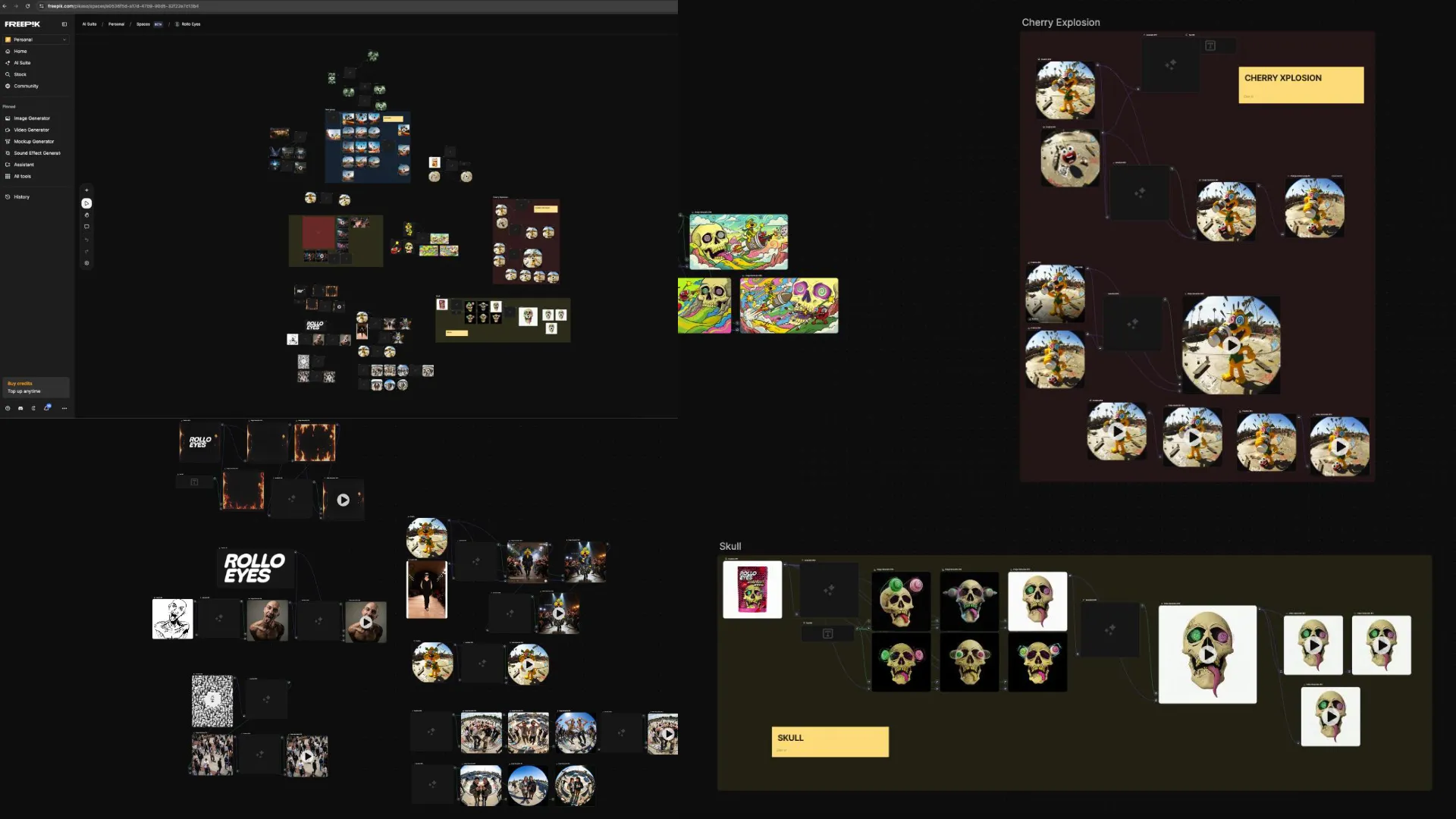 Spaces workflow canvas for the Rollo Eyes campaign showing the node graph behind the generated assets
