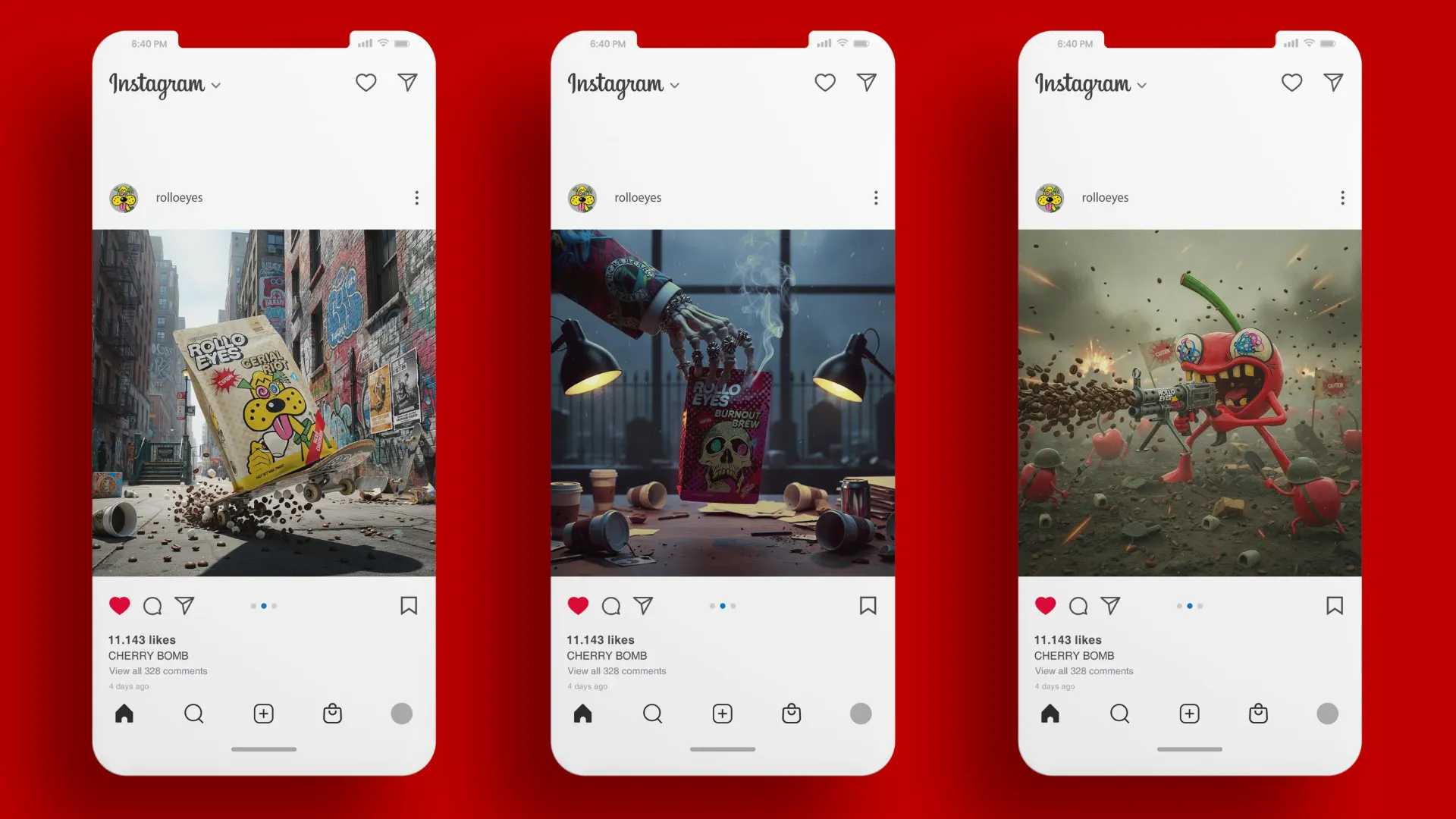 Rollo Eyes campaign imagery shown as Instagram post mockups of the coffee packaging and mascot
