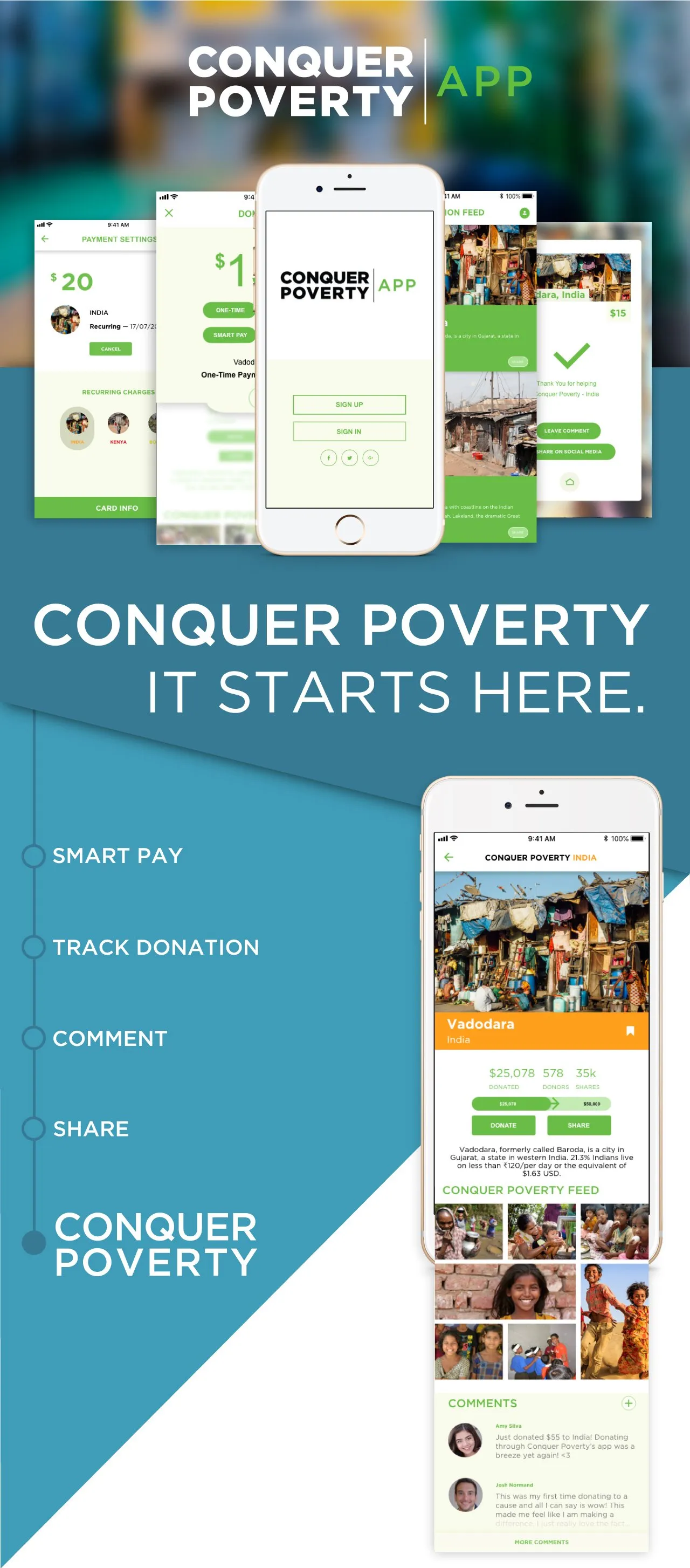 Conquer Poverty mobile app UX and UI screens