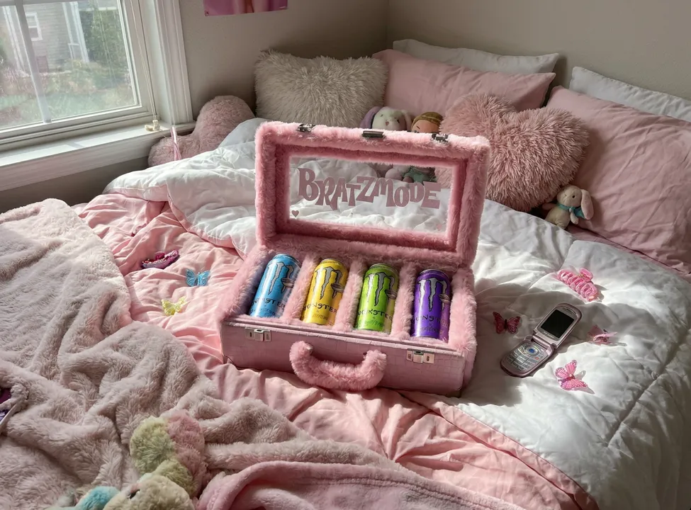 A fuzzy pink Bratzmode case open on a Y2K pink bed, holding the four Monster x Bratzmode flavor cans