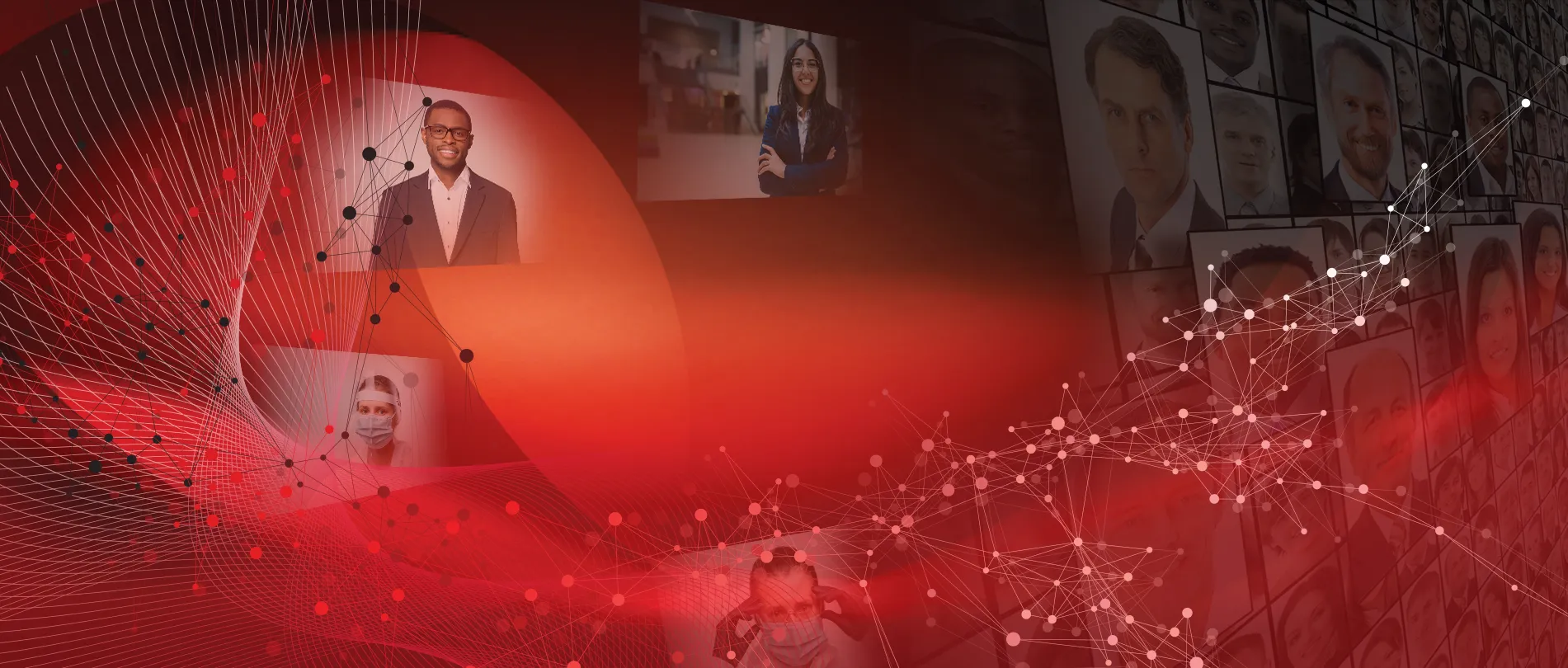 TruDialogue hero artwork: a red network of connected nodes weaving through a wall of portraits