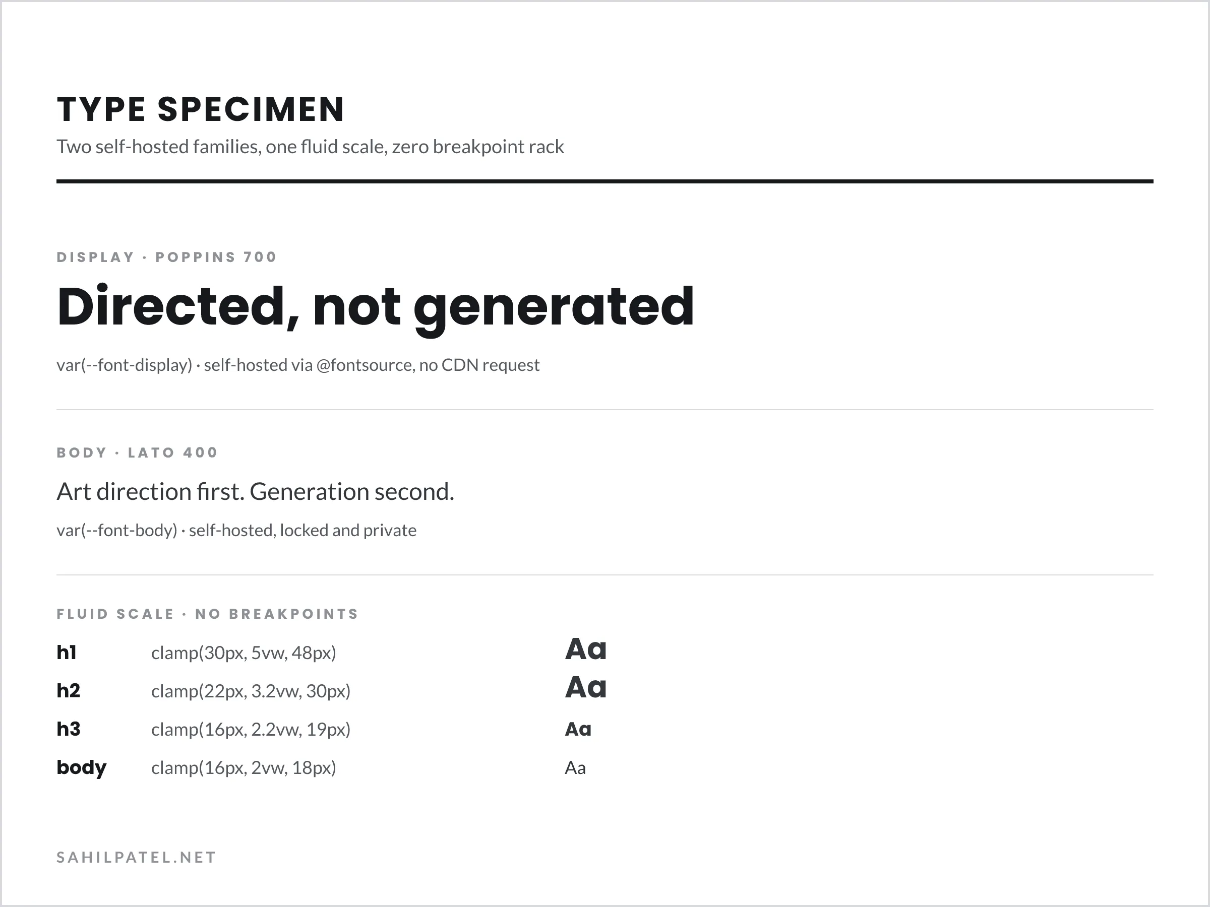 Type specimen showing Poppins 700 as the display face and Lato 400 as the body face, above the four-step fluid scale of clamp() values used for h1, h2, h3, and body copy.